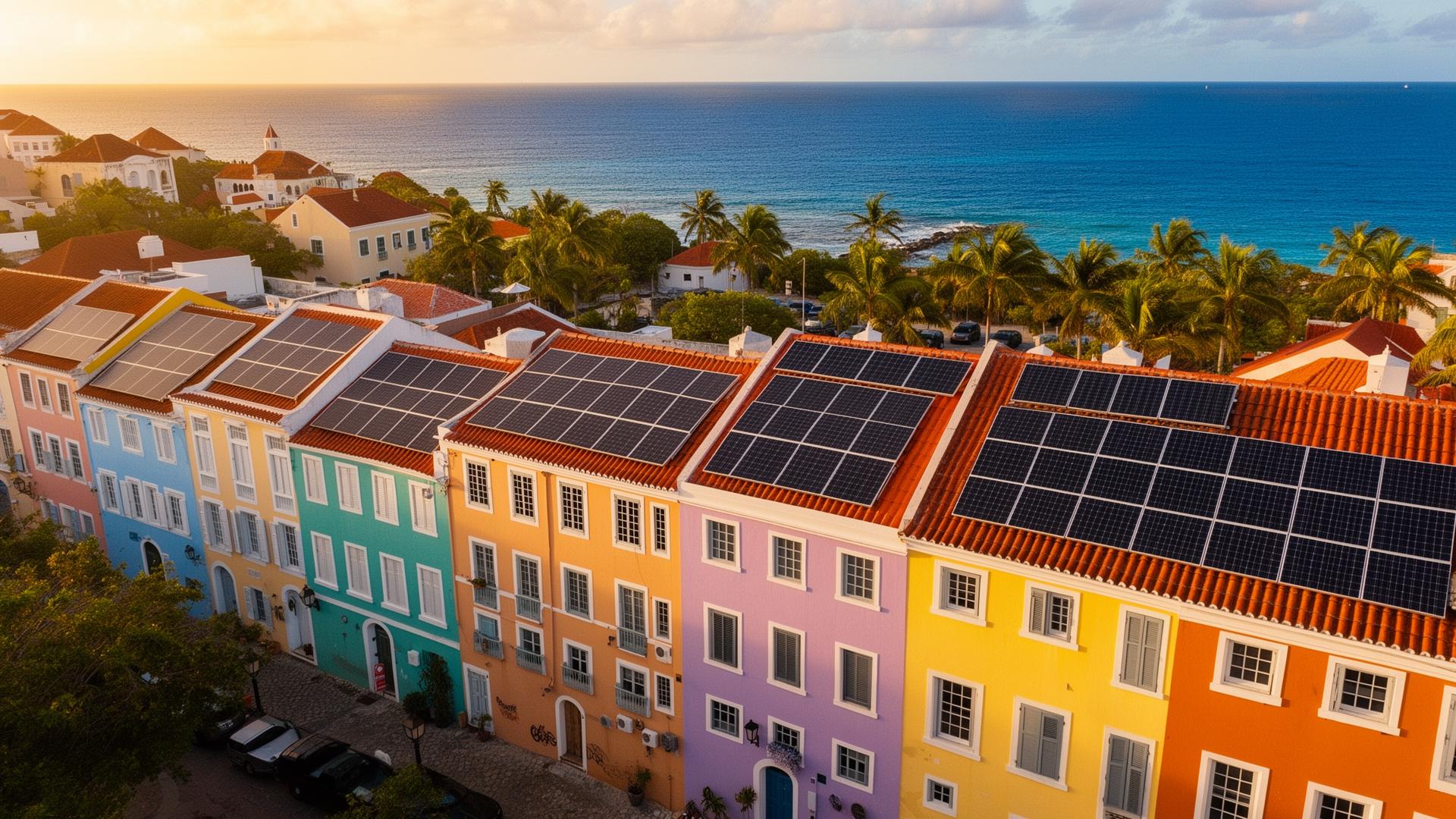 Zonnepanelen op Curaçaose huizen aan de Caribische zee
